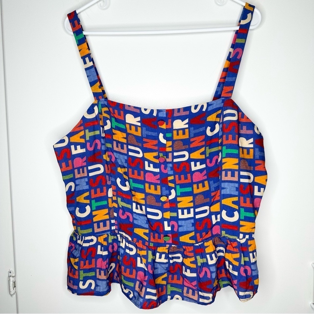 NWT Farm Rio Anthropologie Fantastic Peplum Ruffle Multi Color Tank Top Size XL - Picture 3 of 11